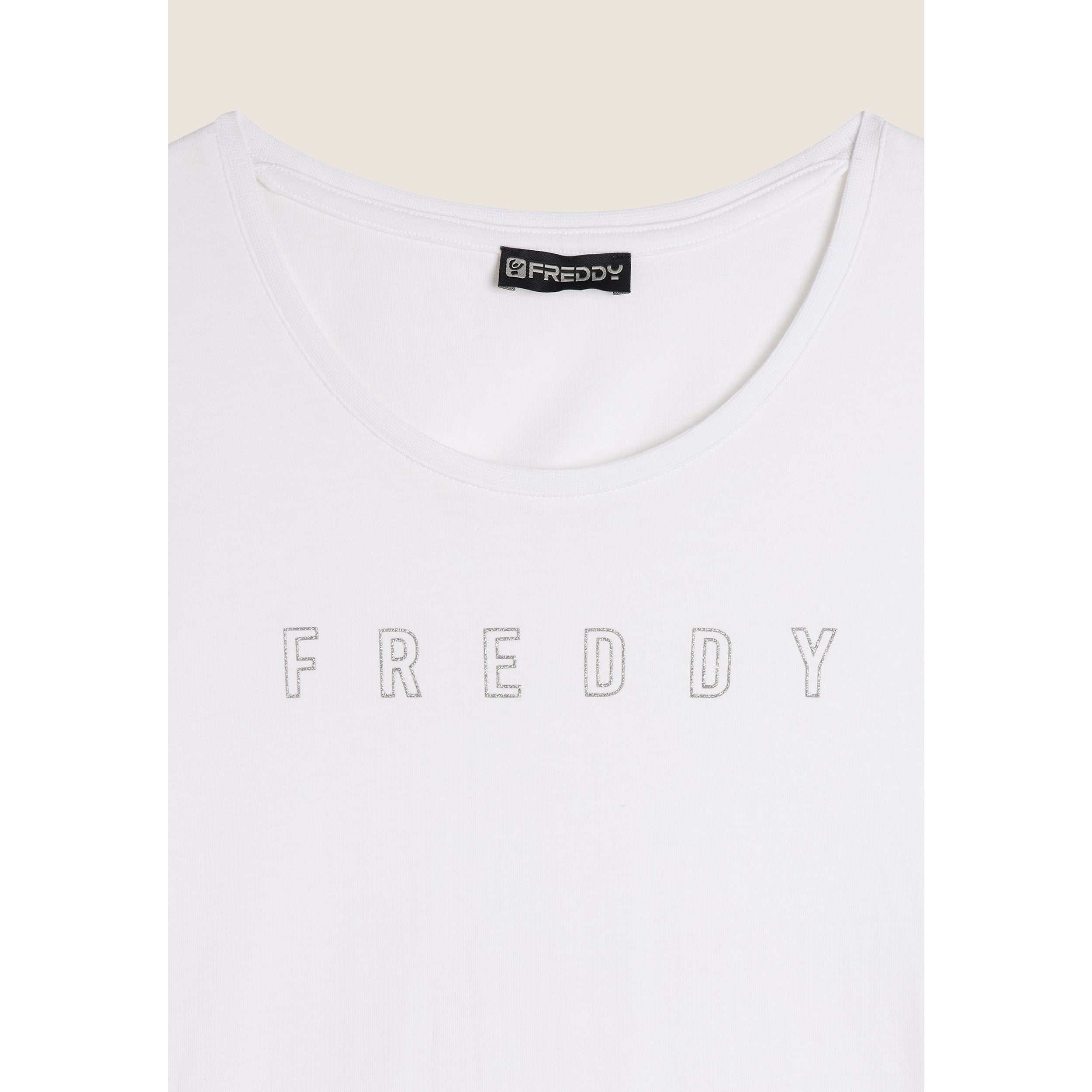 T-shirt scollo tondo con logo glitter