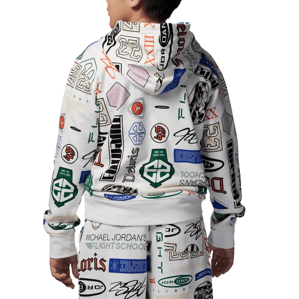 Jordan Felpa da Ragazzi con Cappuccio Mj Essentials All Over Printed Bianca T...