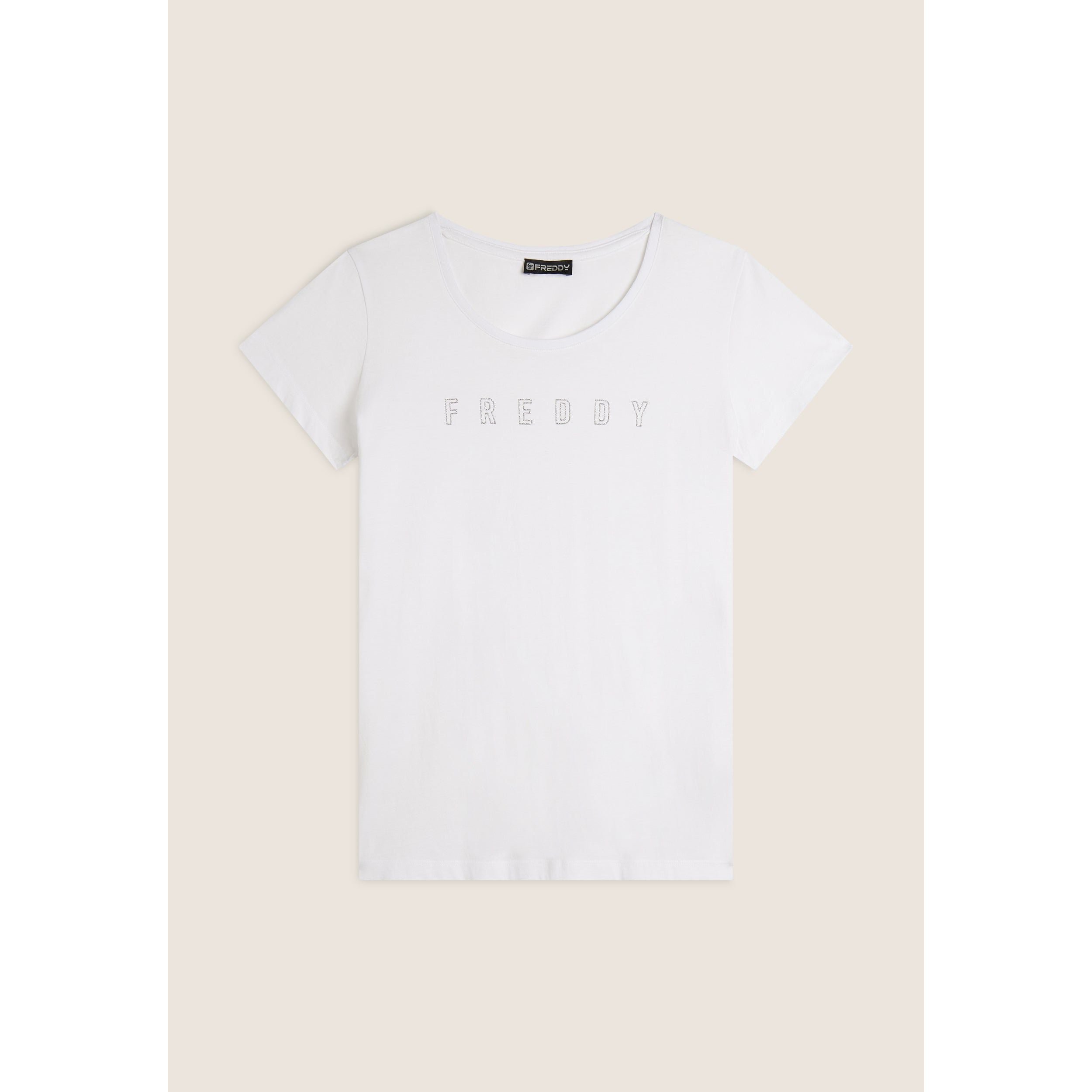 T-shirt scollo tondo con logo glitter