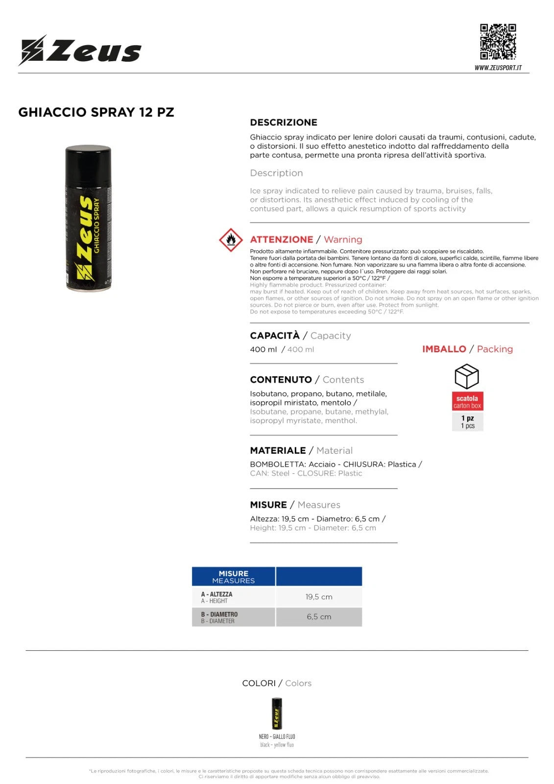 Confezione da 12 Pezzi di Ghiaccio Spray Zeus Sport Relax Allenamento Calcio Box