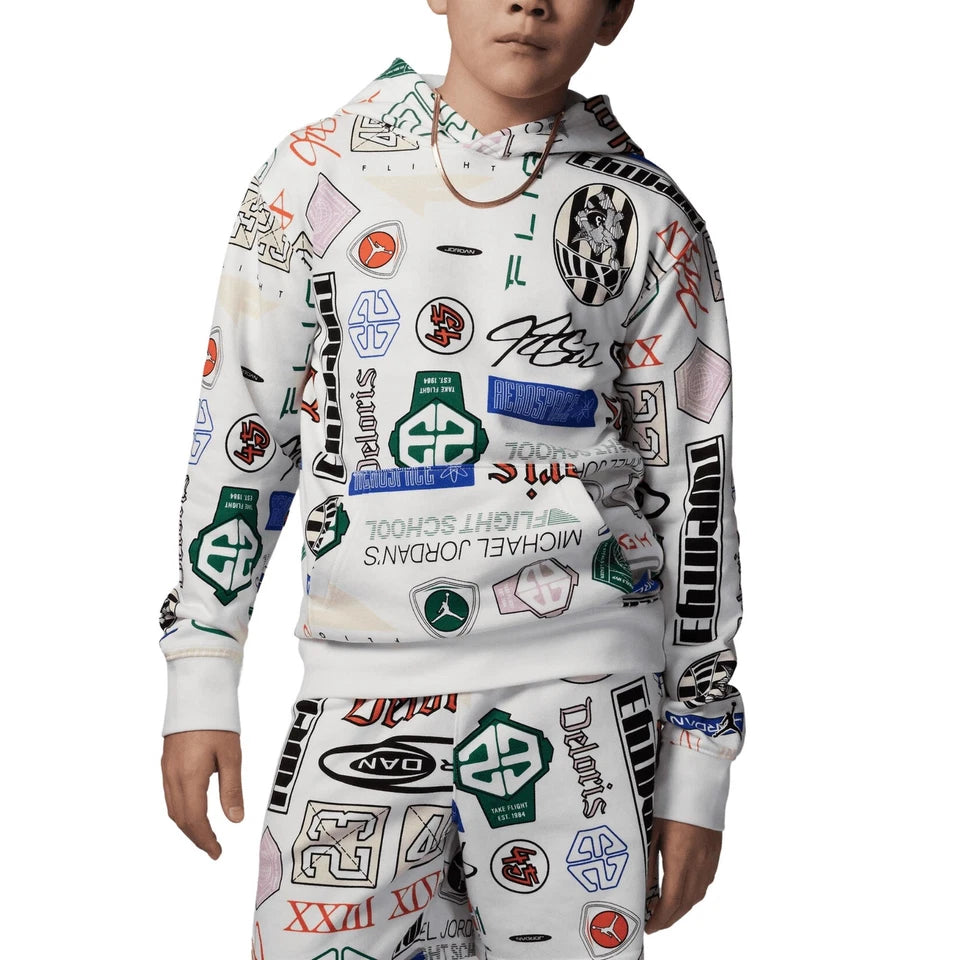 Jordan Felpa da Ragazzi con Cappuccio Mj Essentials All Over Printed Bianca T...